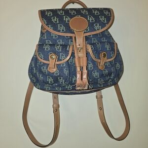 Vintage DOONEY & BOURKE Canyon Backpack Blue Denim with Monogram Tan Leather